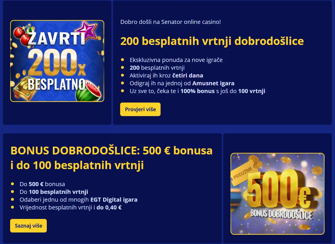 Senator Casino početna stranica s bonusom dobrodošlice i igrama.