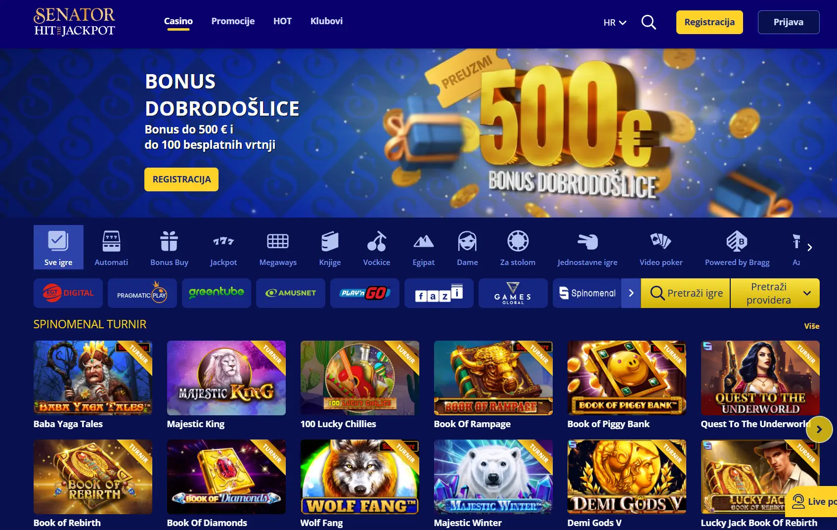 Senator Casino početna stranica s bonusom dobrodošlice i igrama.