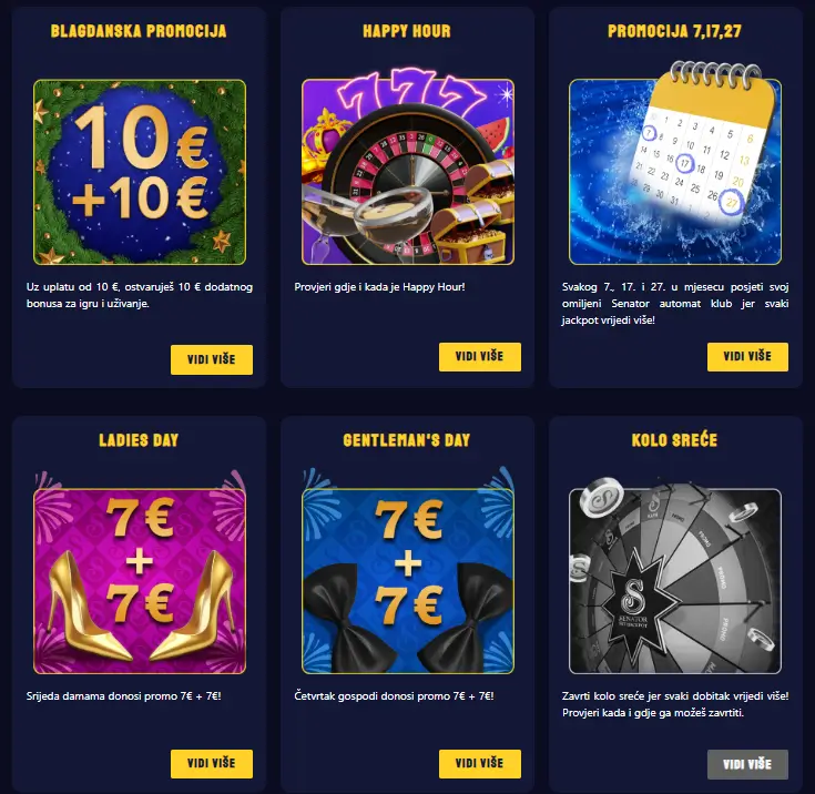 Senator Casino stranica promocija s blagdanima, bonusima i događajima.