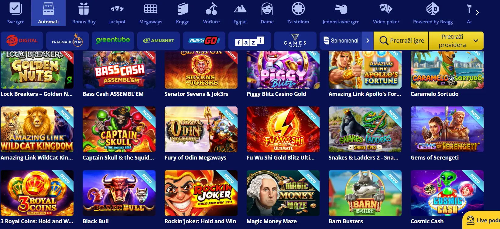 Senator Casino stranica slotova s providerima i trakom pretraživanja.